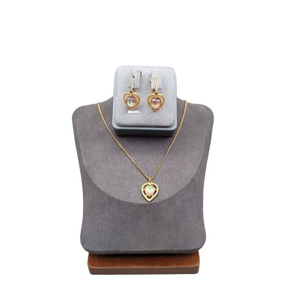Aurora Borealis Heart Rhinestone 17" Necklace & Dangle Clip On Earrings GoldTone - Picture 1 of 16